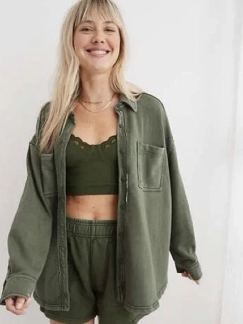 aerie Olive Green Snap-Front Button-Down Shirt